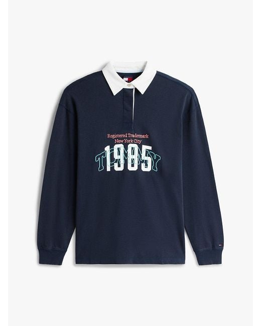 Tommy Hilfiger Blue Logo Embroidery Jersey Oversized Rugby Shirt