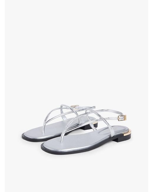 Tommy Hilfiger White Metallic Leather Toe Post Flat Sandals
