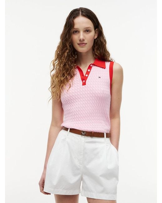 Tommy Hilfiger Red Cable Knit Slim Sleeveless Polo Jumper