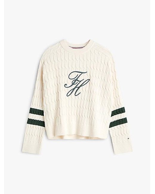 Jersey Amplio De Punto Trenzado Con Logo Tommy Hilfiger de color White