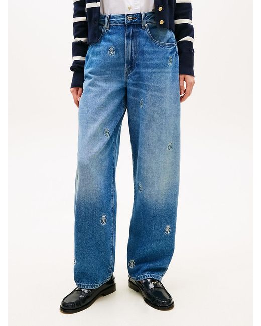 Tommy Hilfiger Blue Crest Embroidery Mid Rise Barrel Leg Jeans