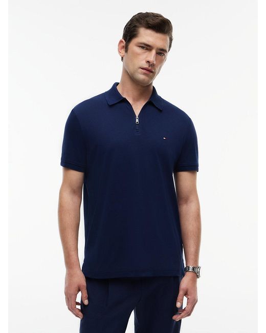 Tommy Hilfiger Blue Regular Fit Interlock Knit Zip Polo Shirt for men