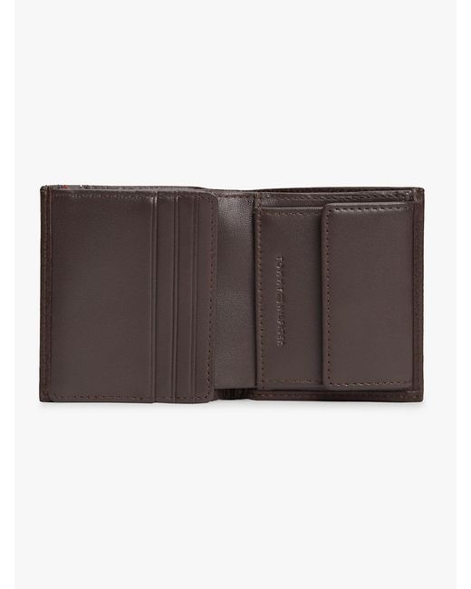 Tommy Hilfiger Brown Logo Pebble Grain Leather Trifold Wallet for men