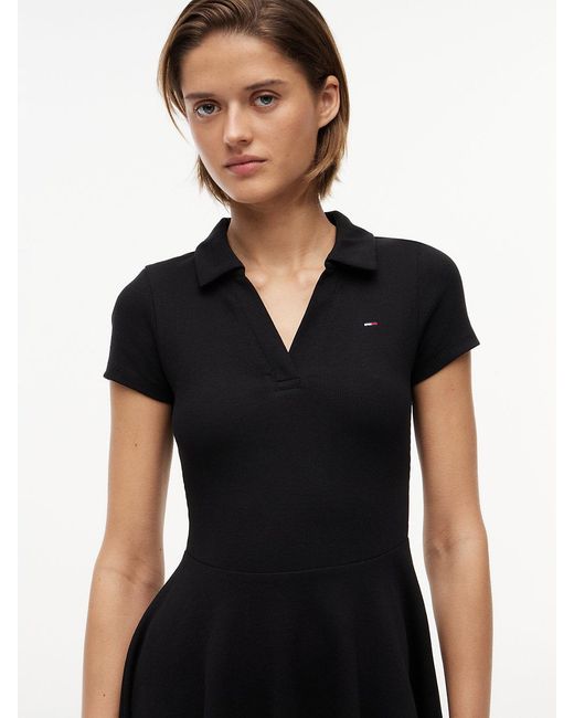 Tommy Hilfiger Black Ribbed Fit And Flare Mini Polo Dress