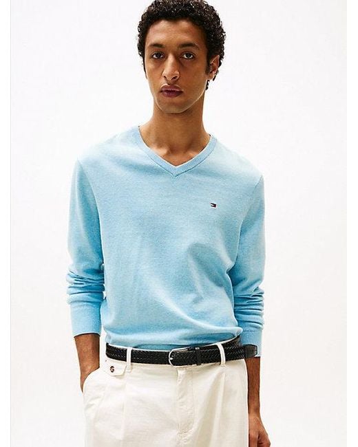 Tommy Hilfiger Trui Met V-Hals En Geborduurde Vlag in het Blue voor heren