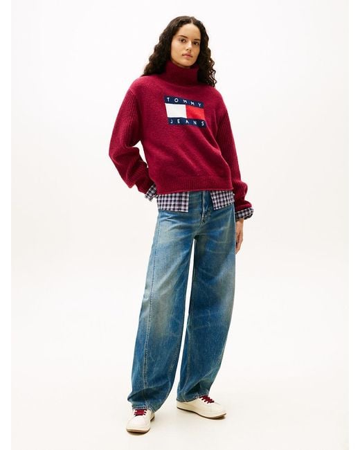 Tommy Hilfiger Red Tommy Flag Intarsia Relaxed Turtleneck Jumper
