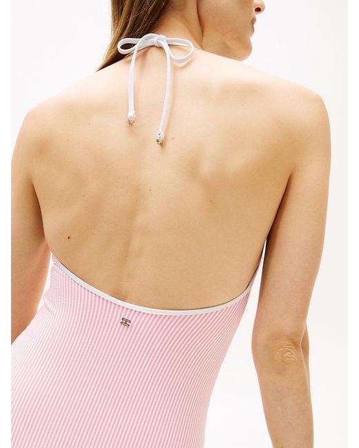 Tommy Hilfiger Pink Seersucker Logo Embroidery Halterneck Swimsuit
