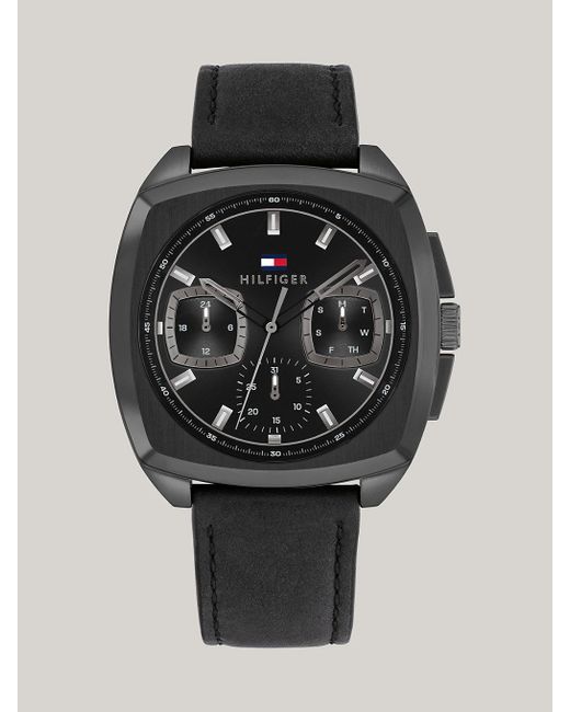 Tommy Hilfiger Ionic-plated Black Leather Strap Square Watch for men