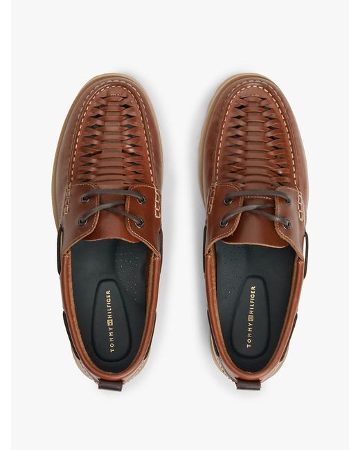 Tommy Hilfiger Brown Leather Braided Boat Shoes for men