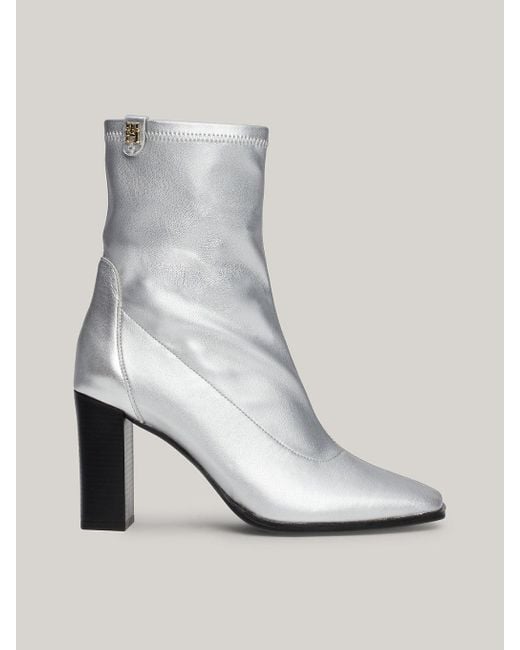 Tommy Hilfiger White Metallic Leather Heel Sock Boots