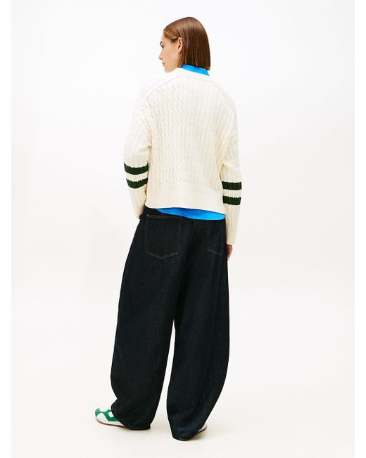 Tommy Hilfiger White Logo Embroidery Relaxed Cable Knit Jumper