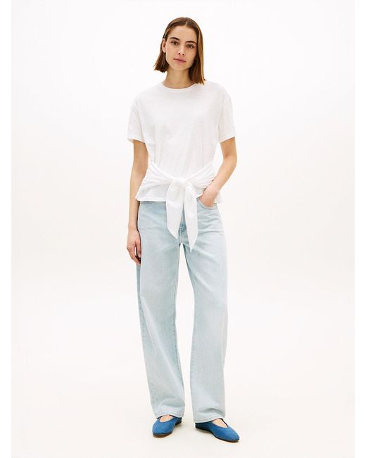 Tommy Hilfiger White Self-Tie Textured Relaxed Crew Neck T-Shirt
