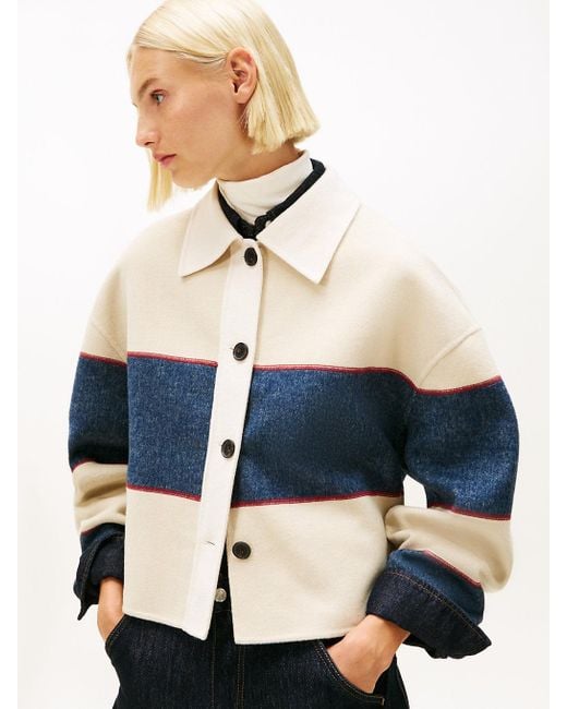Tommy Hilfiger Blue Oversized Wool Blend Rugby Cropped Jacket