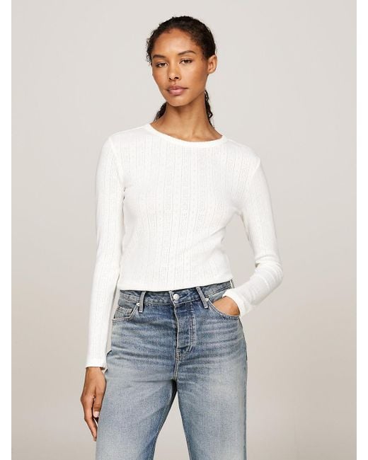 Tommy Hilfiger White Pointelle Long Sleeve Slim T-shirt