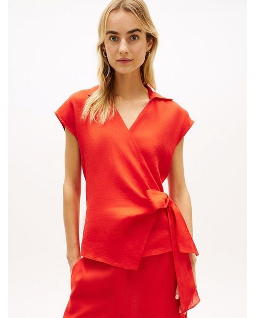 Tommy Hilfiger Red Pure Linen Wrap Knot Sleeveless Blouse