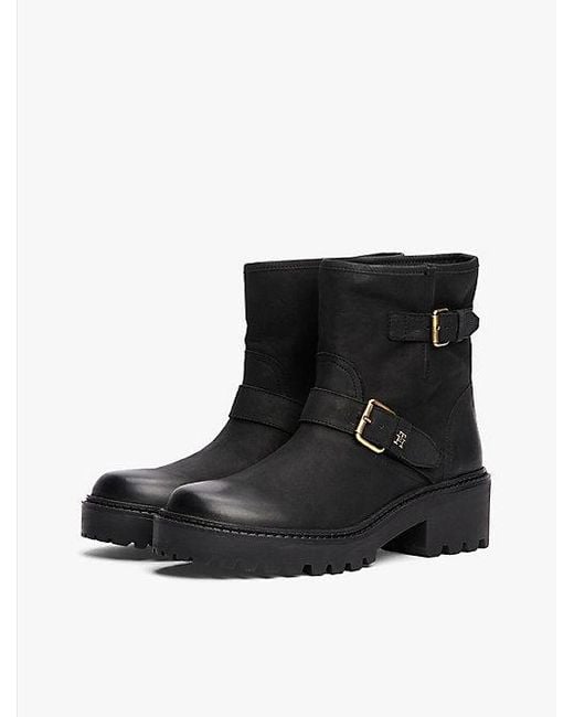 Tommy Hilfiger Leren Bikerboot Met Vetersluiting En Gesp in het Black