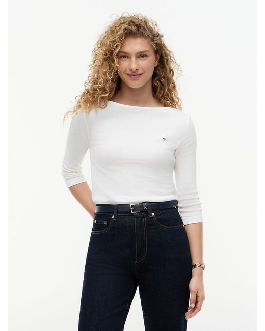 Tommy Hilfiger White Slim Three-quarter Sleeve Boat Neck T-shirt