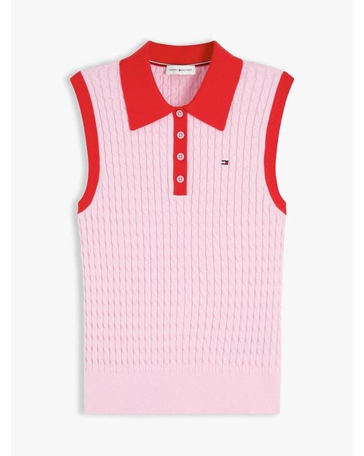 Tommy Hilfiger Red Cable Knit Slim Sleeveless Polo Jumper