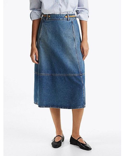 Tommy Hilfiger Denim A-Line Midirok Met Leren Detail in het Blue
