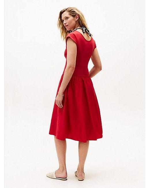 Vestido Midi De Punto Con Corte Evasé Tommy Hilfiger de color Red