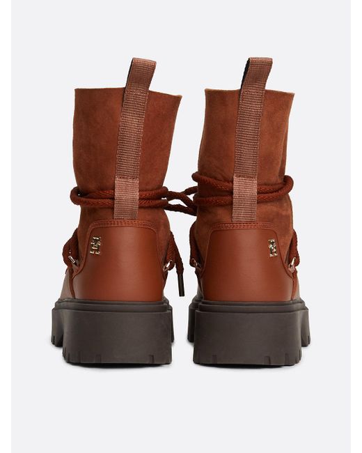 Tommy Hilfiger Brown Shearling Leather Lace-up Snow Boots