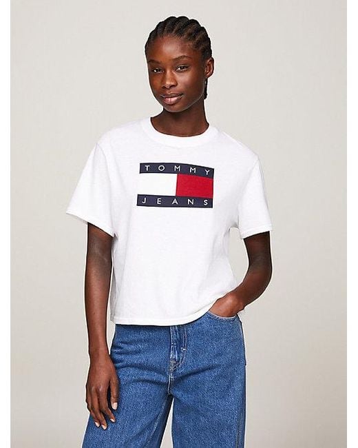 Tommy Hilfiger White Boxy Fit T-Shirt mit Flag-Badge