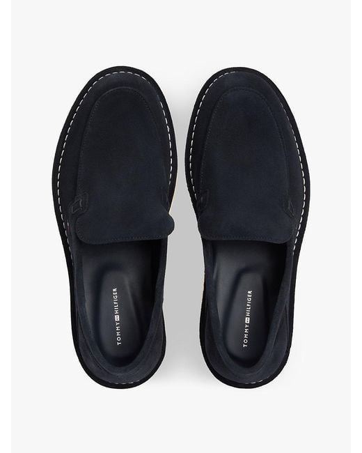 Tommy Hilfiger White Debossed Logo Topstitch Suede Loafers for men