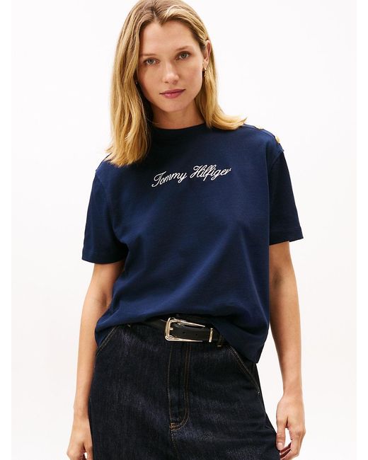 Tommy Hilfiger Blue Tone Button Logo Embroidery Relaxed T-Shirt