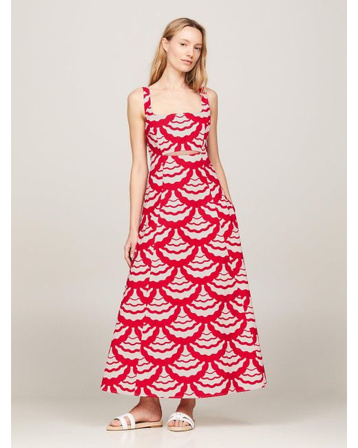 Tommy Hilfiger Red Scallop Print Strap Cutout Maxi Dress