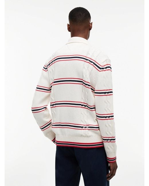 Tommy Hilfiger White Tommy Badge Cable Knit Stripe Polo Jumper for men