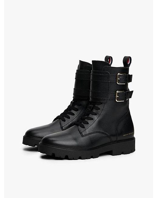 Tommy Hilfiger Leren Bikerlaars Met Profielzool En Logo in het Black