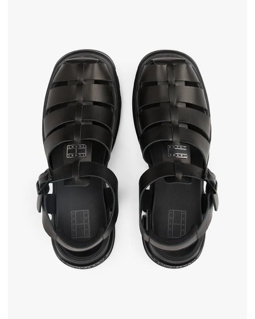 Tommy Hilfiger Black Leather Chunky Cleat Fisherman Sandals