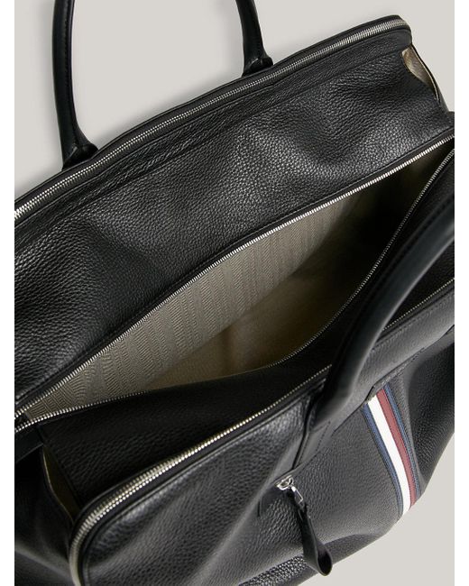 Tommy Hilfiger Black Premium Leather Signature Tape Duffel Bag for men