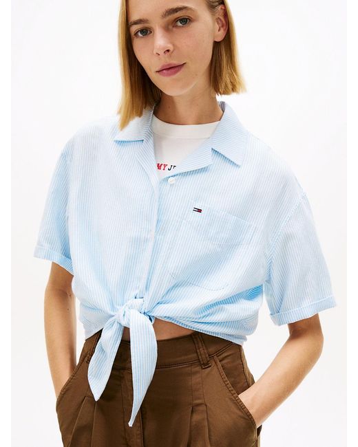 Tommy Hilfiger White Relaxed Fit Linen Blend Tie Front Shirt