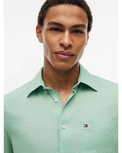 Tommy Hilfiger Green Regular Fit Washed Pure Linen Shirt for men