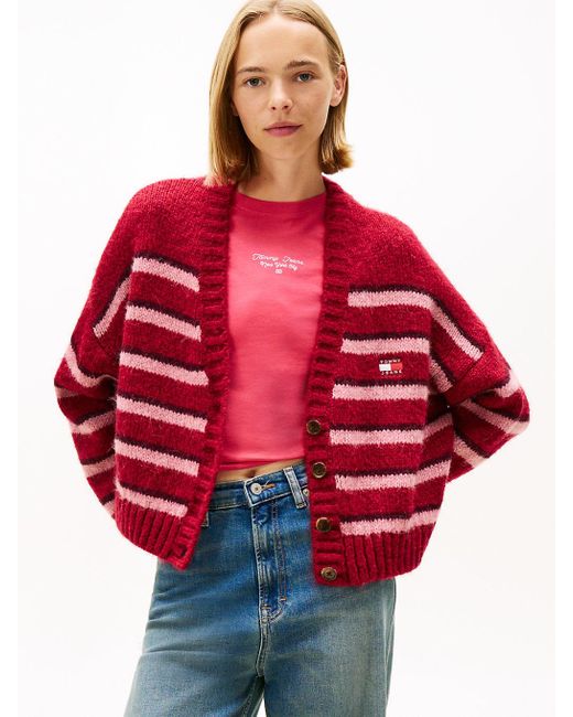Cardigan Relaxed Fit A Righe Con Distintivo di Tommy Hilfiger in Red