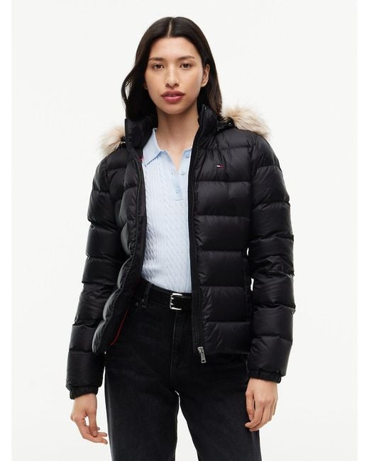 Tommy Hilfiger Black Faux Fur Hood Slim Down Jacket