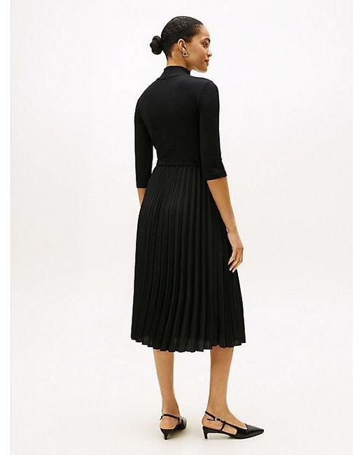 Vestido Midi Plisado Con Corte Evasé Tommy Hilfiger de color Black