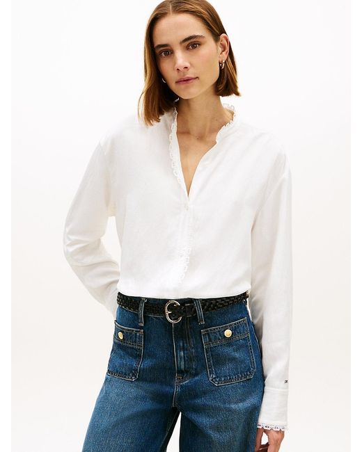 Tommy Hilfiger White Oversized Fit Lace Trim Shirt With Linen