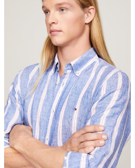 Tommy Hilfiger Blue Linen Triple Stripe Regular Fit Shirt for men