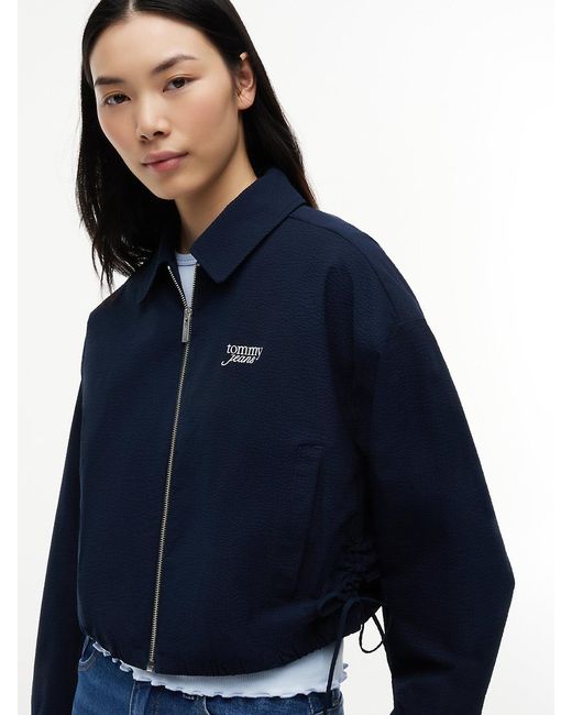 Tommy Hilfiger Blue Seersucker Drawstring Hem Relaxed Coach Jacket