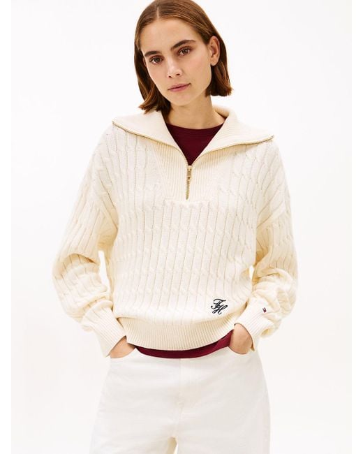 Tommy Hilfiger White Relaxed Cable Knit Quarter-Zip Jumper