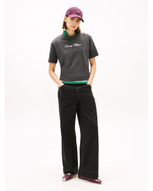 Tommy Hilfiger Gray Tone Button Logo Embroidery Relaxed T-Shirt
