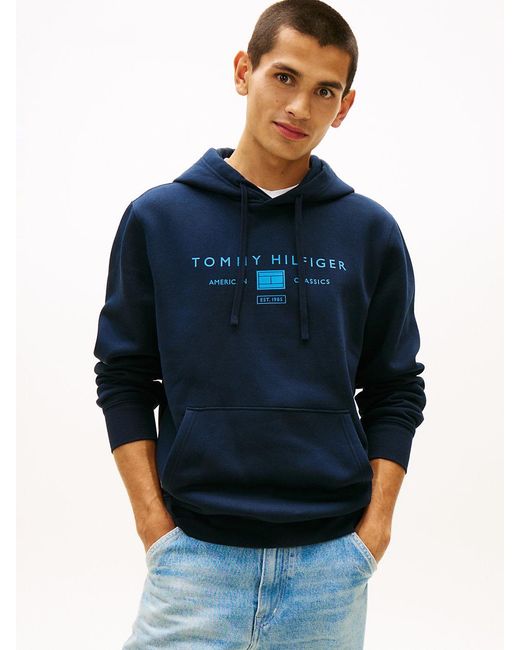 Tommy Hilfiger Blue Logo Terry Drawstring Hoody for men