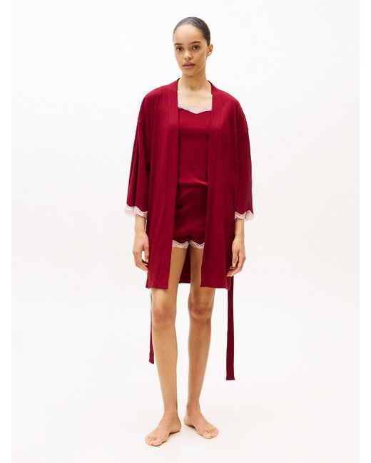 Tommy Hilfiger Red Essential Ribbed Lace Trim Robe