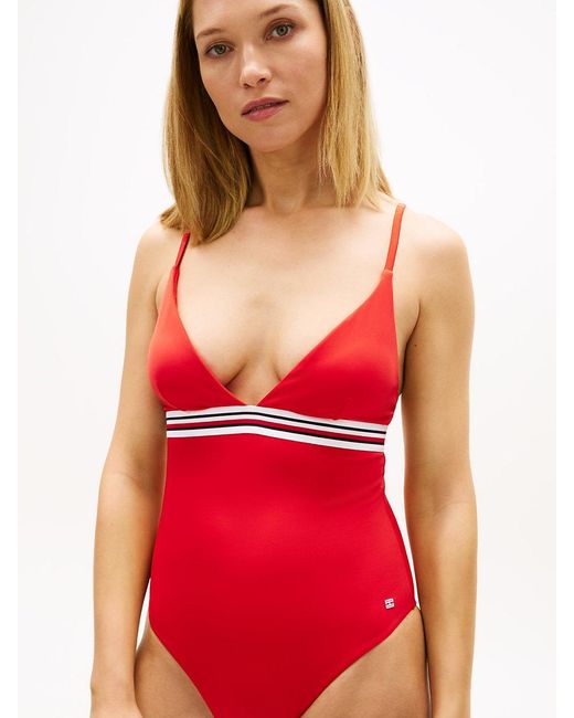 Tommy Hilfiger Red Global Stripe Plunge Triangle Swimsuit