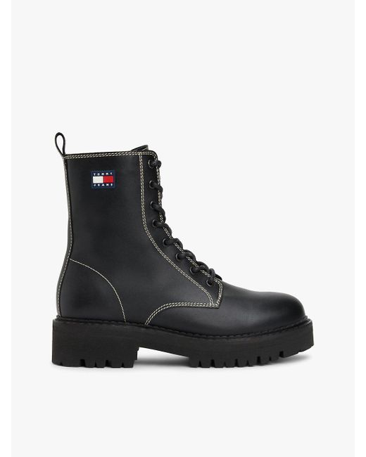 Bottes Mi-Mollet En Cuir À Lacets Crantées Tommy Hilfiger en coloris Black