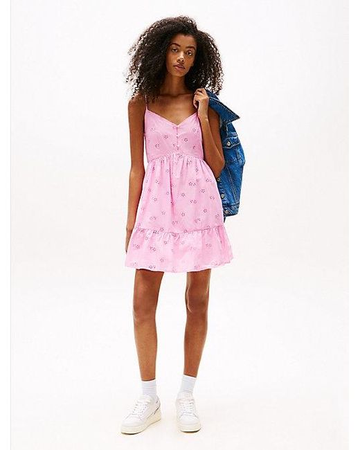 Tommy Hilfiger Relaxed Fit Mini-Jurk Met Broderie Anglaise in het Pink