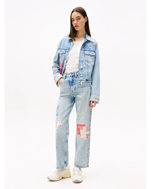 Jeans Straight Fit Aderente A Vita Alta Con Patchwork di Tommy Hilfiger in Blue