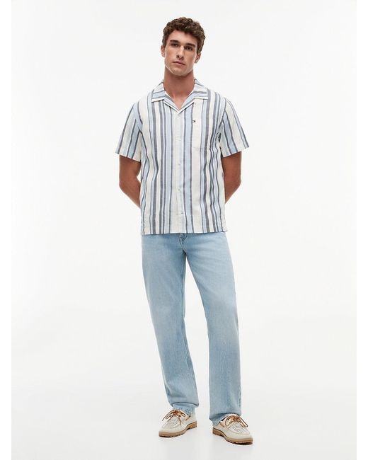 Tommy Hilfiger White Regular Fit Textured Stripe Short Sleeve Shirt for men